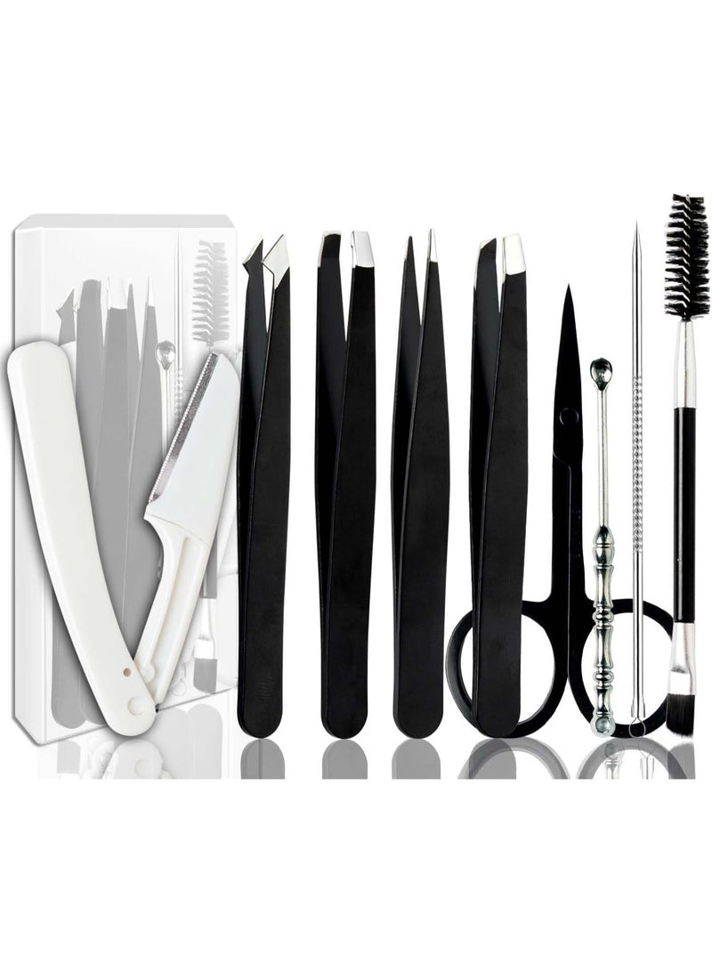 [9+1 PCS] Tweezers Kit Tweezer for Women Facial Hair Removal Tweezers Professional Tweezers Set Eyebrow Tweezer, Professional Stainless Steel Eyebrow for Women &Men, Black Beauty Sets - Image 1